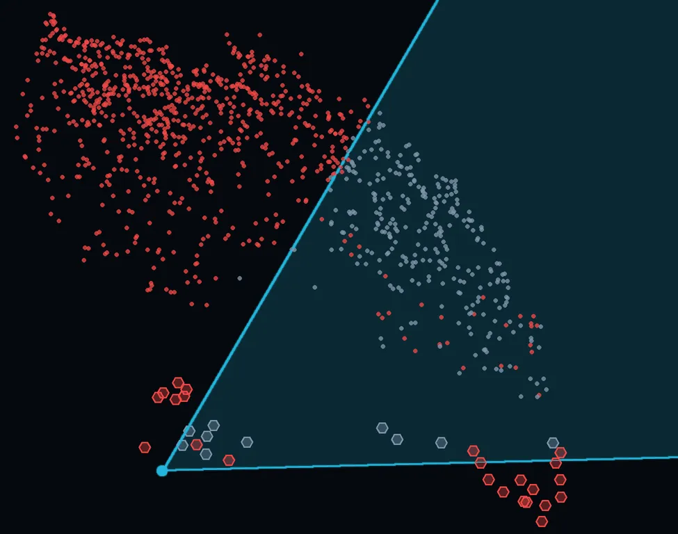 A top-down plot of the camera’s view as a cyan wedge, with every palm tree as a hexagon and every scattered instance as a dot. Those inside the view are grey; most of those outside it, and a few inside, are red.