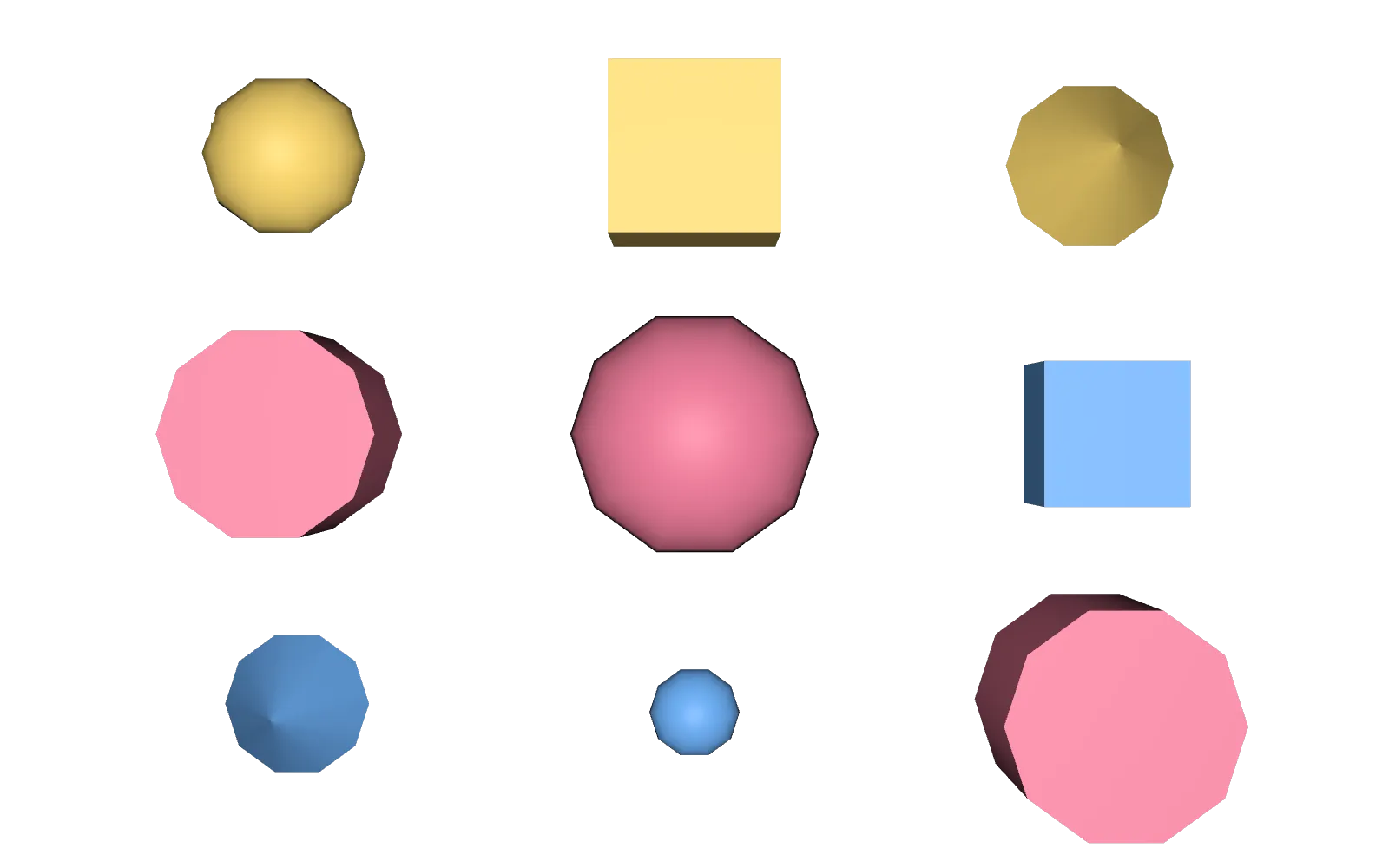 Nine shapes, each coloured pink, yellow or blue by how much of the screen it covers.