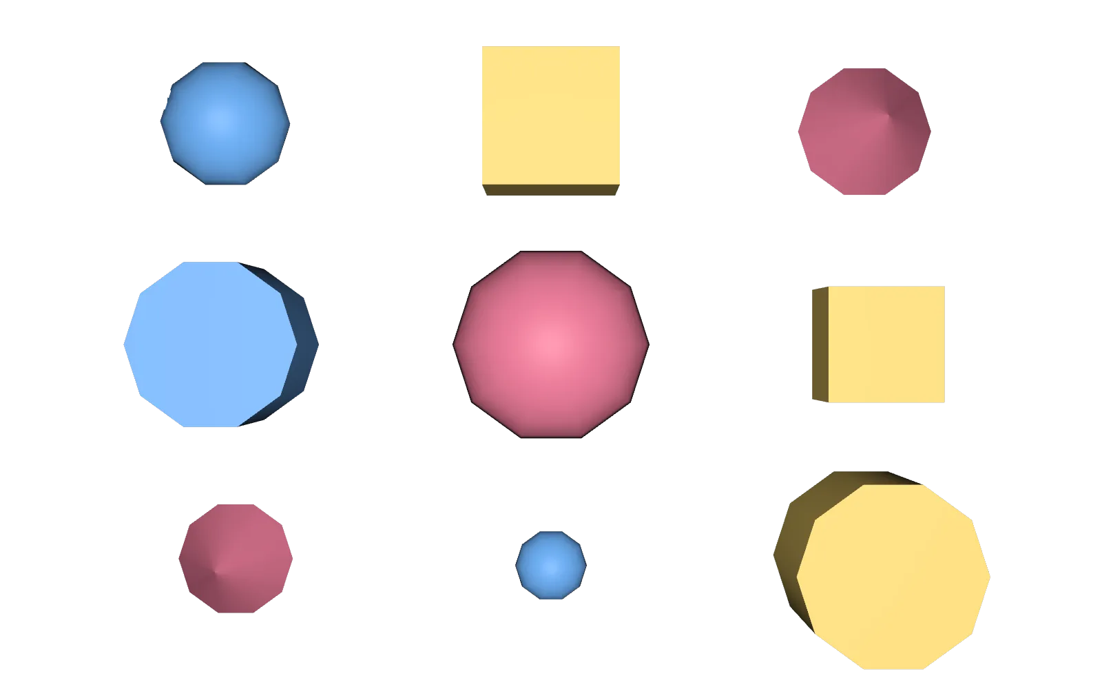 The same nine shapes, now coloured by their size in scene units, so several change colour.